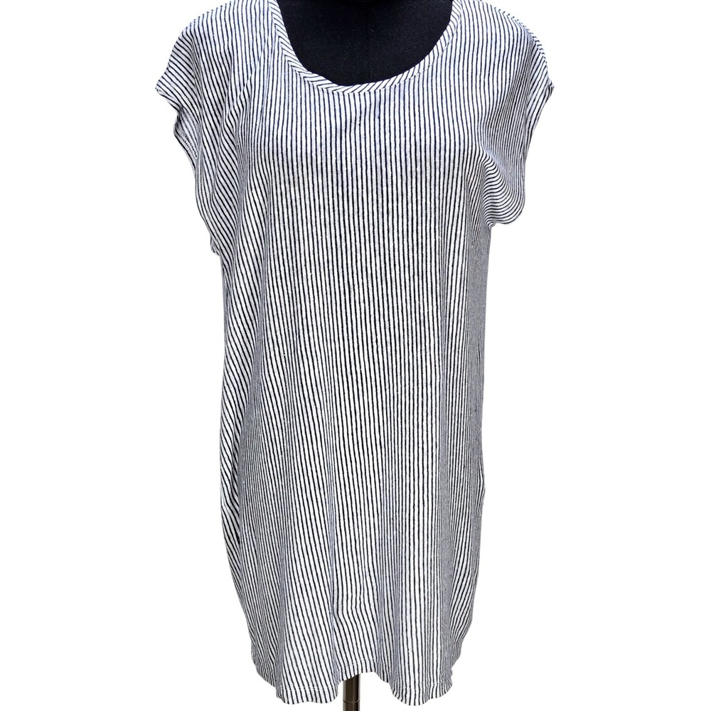 Women's Tahari XL 100% Linen Striped Button Back Cap Sleeve Tunic Coastal Resort